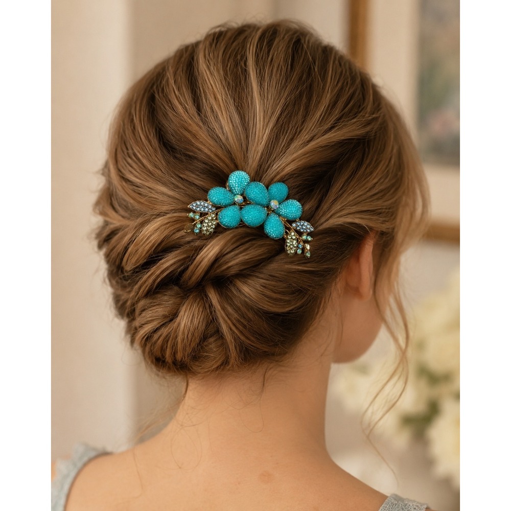Gold Tone Turquoise Floral Rhinestone Hair Comb Crystal Leaf Bridal Accessory